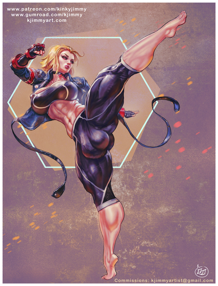 abs blonde_hair bulge bulge_through_clothing cammy_white futa_only futanari kicking kinkyjimmy muscular muscular_futanari skin_tight solo street_fighter street_fighter_6