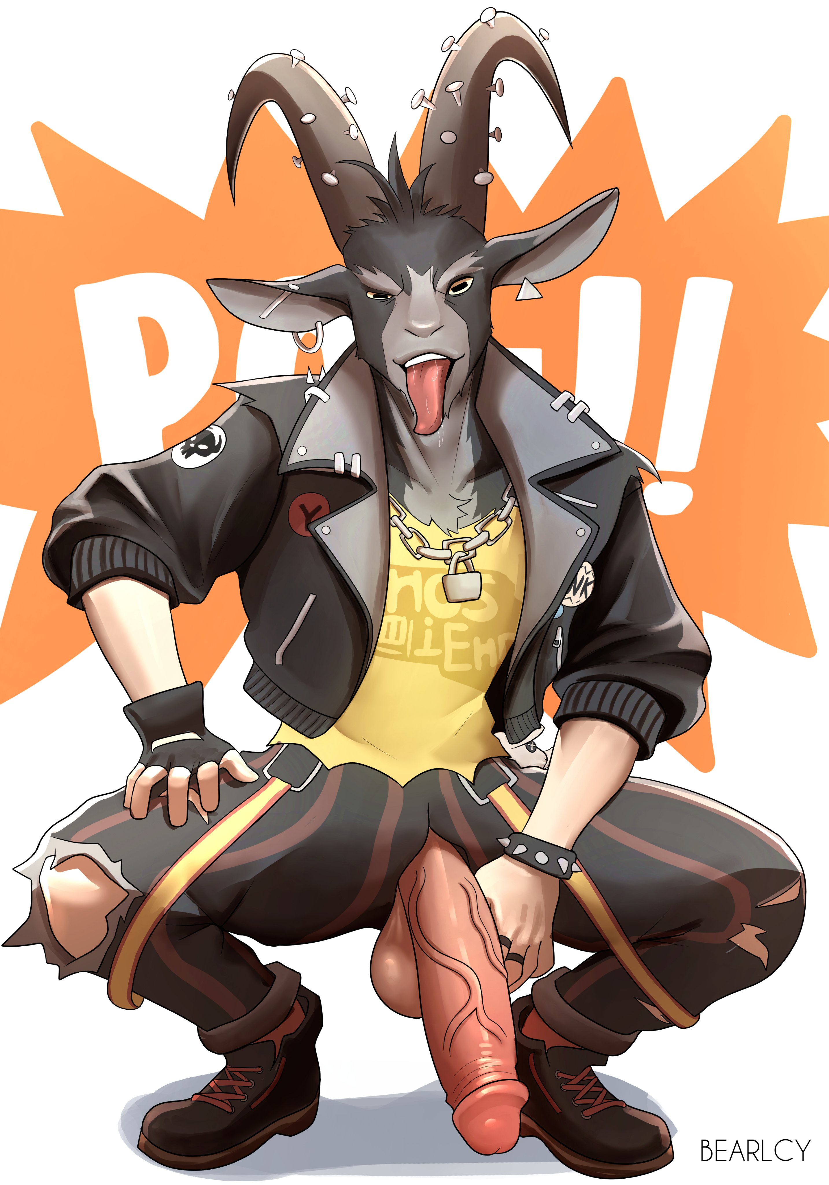 alternative fashion, anthro, artist name, balls, bearlcy, big penis, billy (deadlock), black fur, bracelet, chains, clothed, clothed male, deadlock, ear piercing, erection, gloves, goat, goat boy, goat horns, grey fur, horn, horns, humanoid penis, jacket, leather, leather jacket, male, male focus, male only, necklace, pants, penis, plushie, punk, rings, shirt, signature, solo, solo focus, spiked bracelet, tongue, tongue out, torn clothes, torn pants, vein, veins, veiny penis