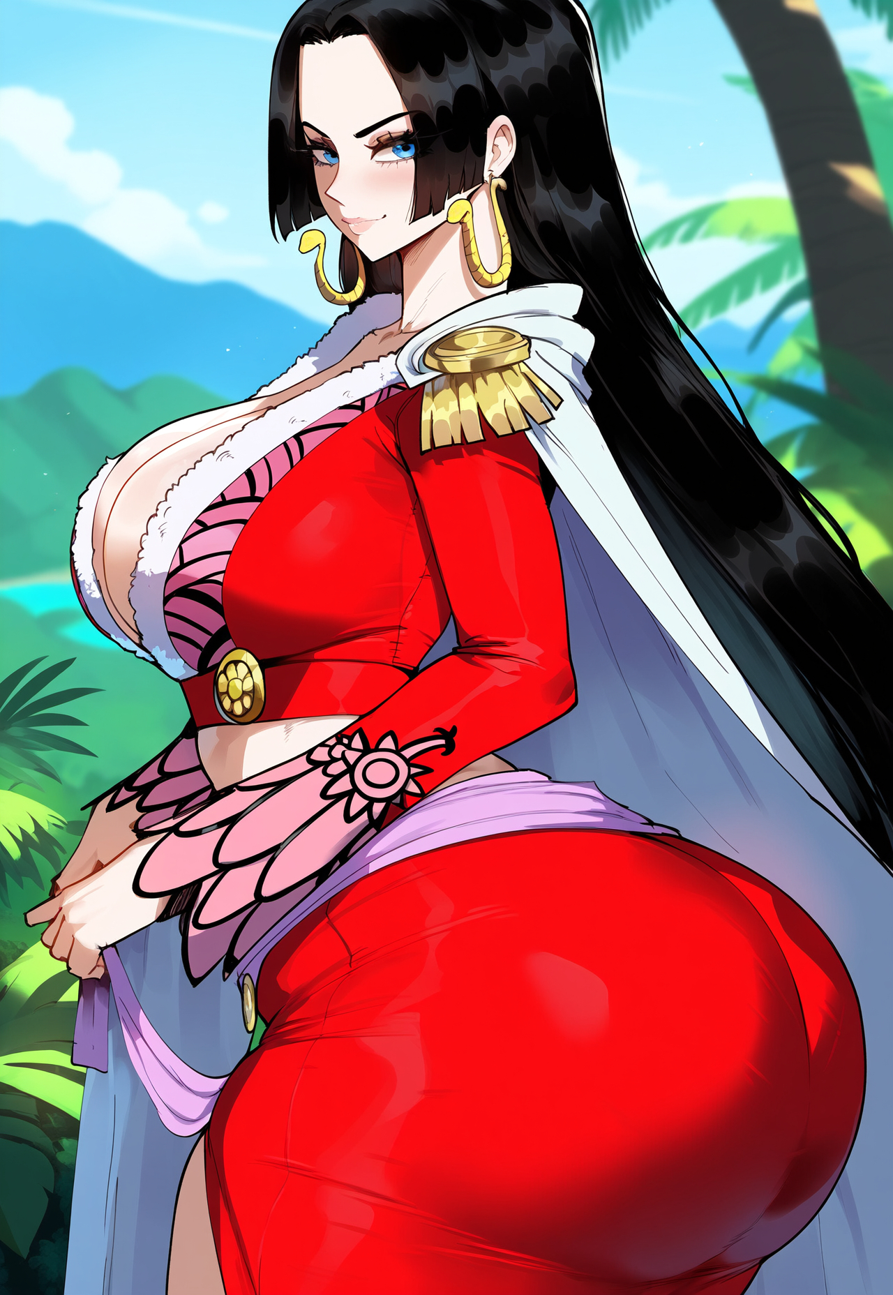 1girls, ai generated, ass, black hair, blue eyes, boa hancock, breasts, busty, clothing, creamy ai, curvy, curvy female, curvy figure, female, female focus, female only, from side, large breasts, light skin, light-skinned female, long hair, looking at viewer, mature, mature female, one piece, smiling at viewer, solo, tagme