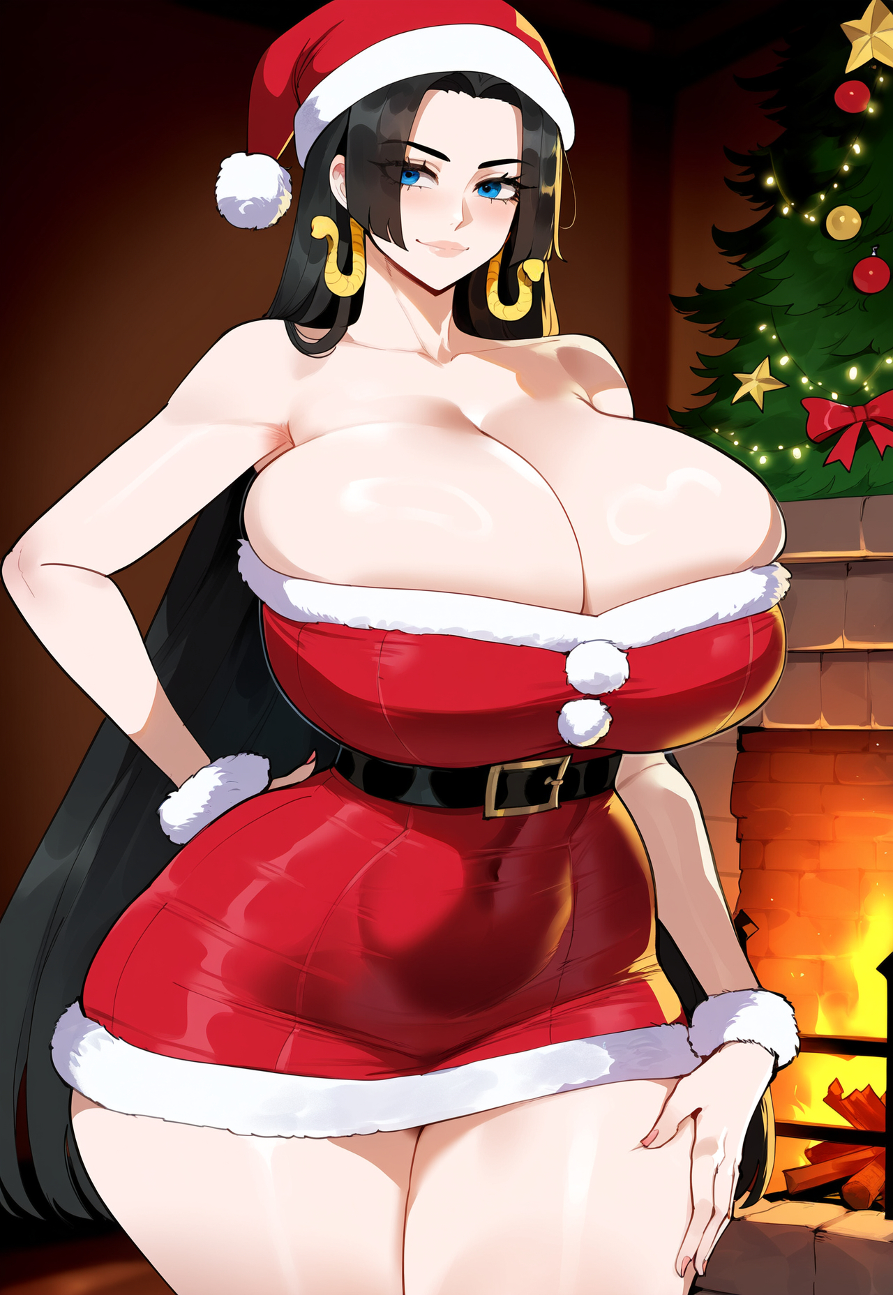 1girls, ai generated, black hair, blue eyes, boa hancock, breasts, busty, christmas, christmas outfit, cleavage, clothing, creamy ai, curvy, curvy female, curvy figure, female, female focus, female only, large breasts, light skin, light-skinned female, long hair, looking at viewer, mature, mature female, one piece, solo, tagme