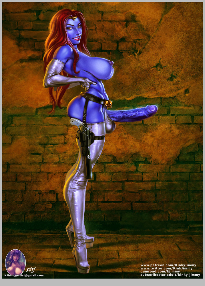 big_breasts blue_skin breasts erection futanari garter_belt garter_straps huge_cock kinkyjimmy marvel mystique nipples penis red_hair side_view solo veiny_penis x-men