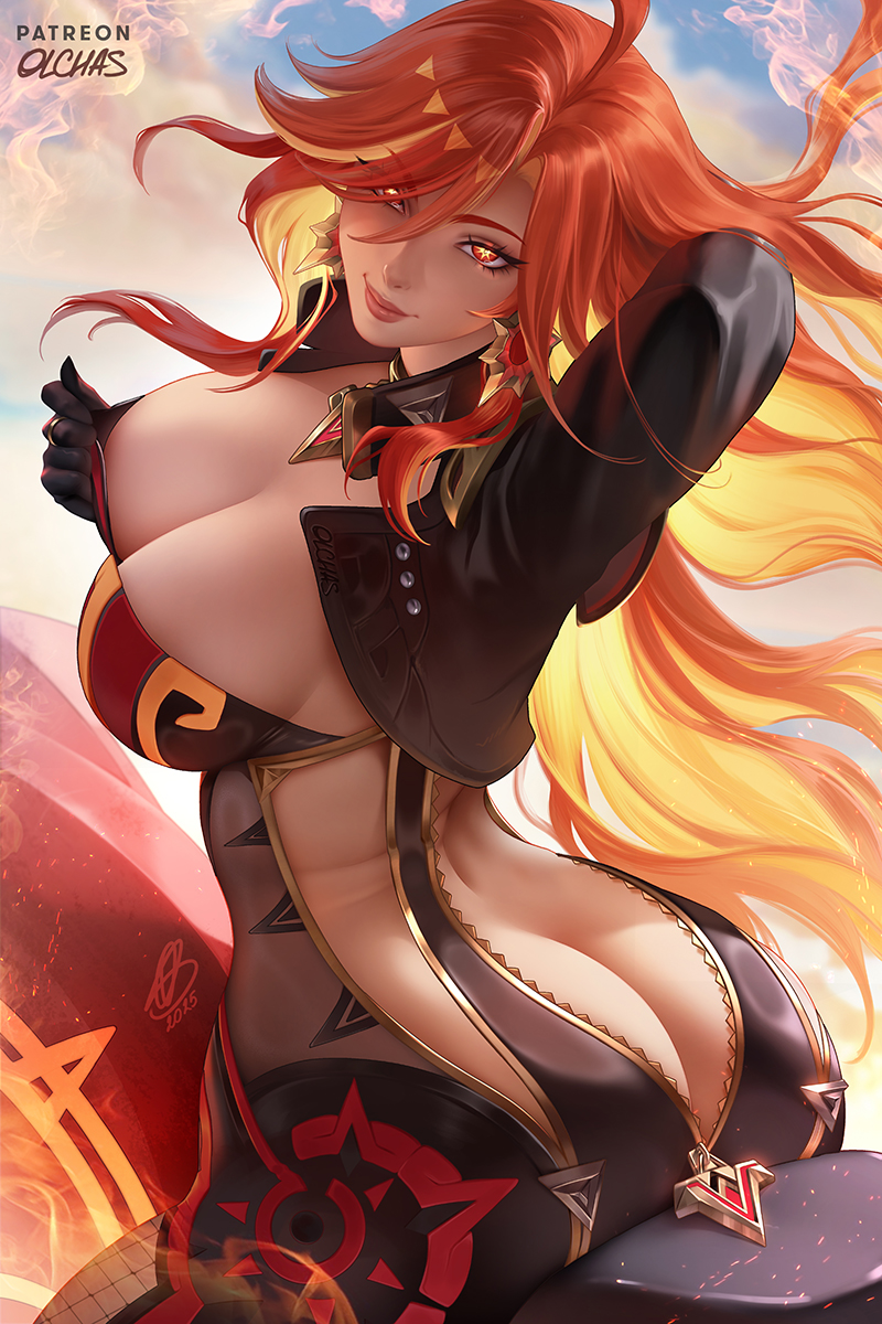 1girls, ass, ass cleavage, ass crack, breasts, butt crack, cleavage, female, female focus, female only, genshin impact, large ass, large breasts, light skin, light-skinned female, looking at viewer, mavuika (genshin impact), multicolored hair, olchas, orange hair, red hair, solo, wide hips