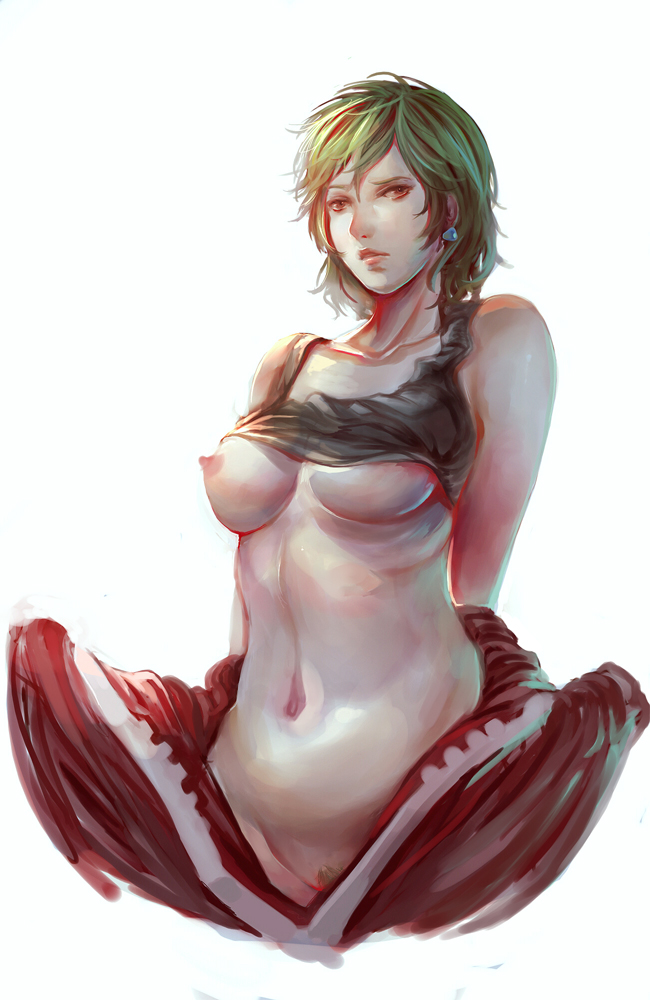 1girls breasts breasts_out earrings erinerin99 female female_only green_hair jewelry navel nipple_slip nipples original partially_undressed pubic_hair red_eyes short_hair solo underboob