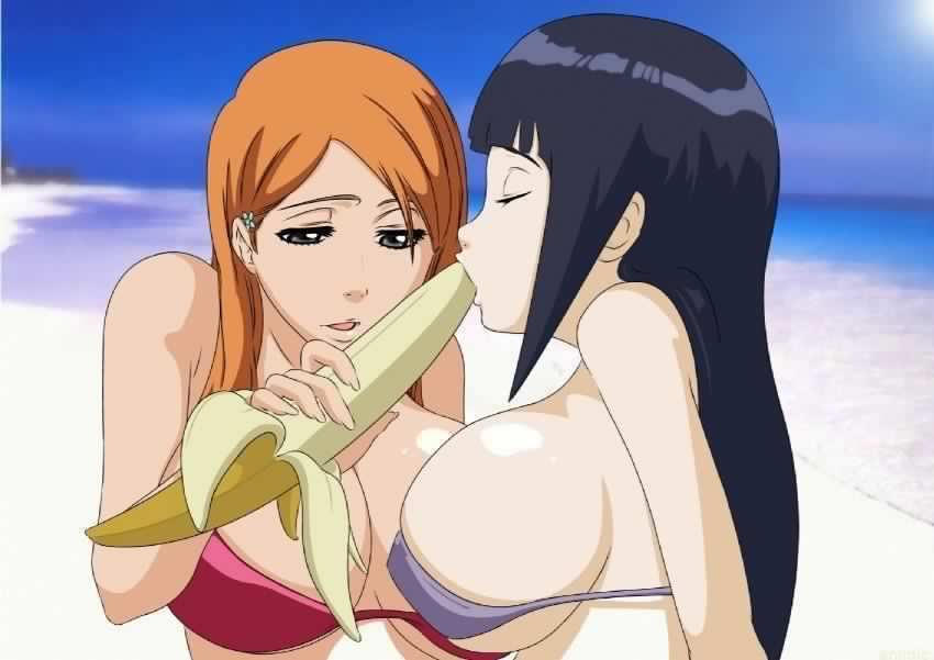 2girls, banana, beach, bikini, black hair, bleach, breasts, closed eyes, crossover, female, food, food in mouth, fruit, grey eyes, hair ornament, hime cut, huge breasts, hyuuga hinata, inoue orihime, long hair, multiple females, multiple girls, naruto, naruto (series), ocean, open mouth, orange hair, sand, sea, sexually suggestive, sky, swimsuit, yuri