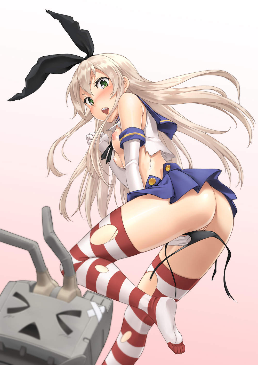 ass black_panties blonde_hair blush breasts elbow_gloves gloves gradient gradient_background green_eyes hairband highres kantai_collection long_hair nipples open_mouth panties pussy rensouhou-chan shimakaze_(kantai_collection) side-tie_panties simple_background skirt striped striped_legwear tenkuu_nozora thighhighs torn_clothes torn_panties torn_thighhighs uncensored underwear untied