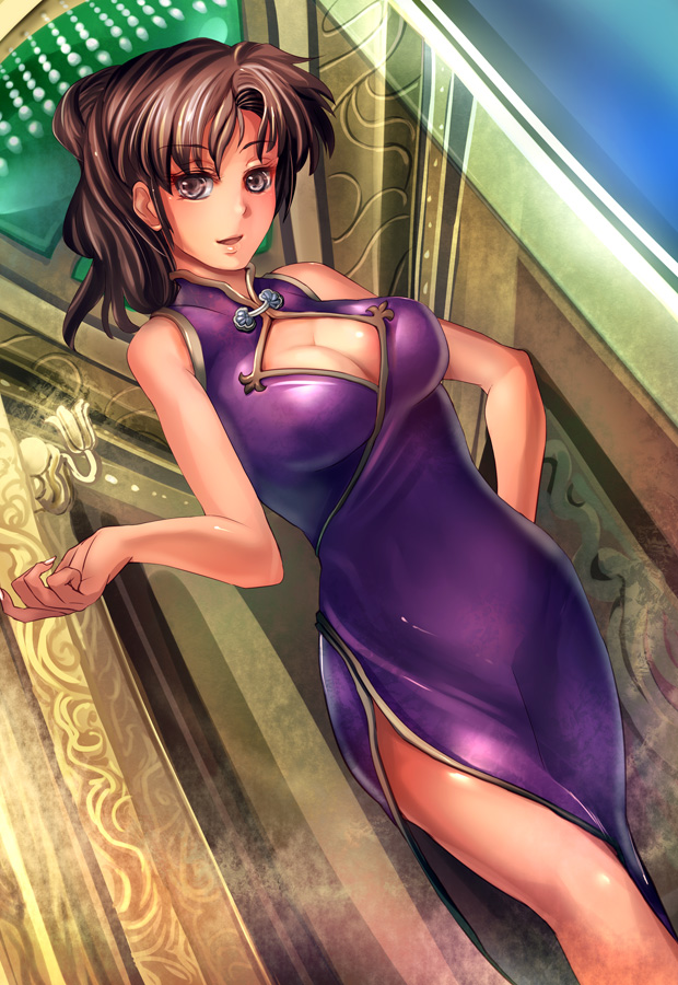 bare_shoulders breasts brown_eyes brown_hair china_dress chinese_clothes cleavage cleavage_cutout curvy female hand_on_hip hips large_breasts long_hair open_mouth original ponytail side_slit solo suoni_(deeperocean) tied_hair