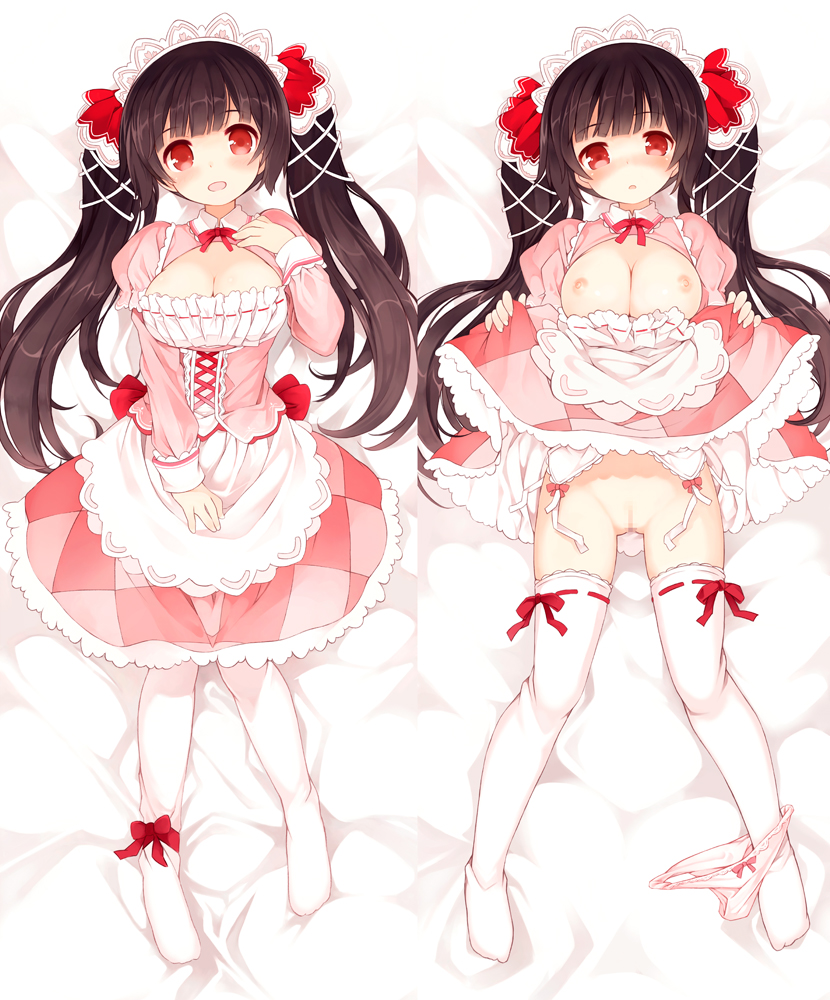 1girls black_legwear blush bow bow_panties breasts censored cleavage dakimakura female garter_belt garter_straps kurasuke large_breasts long_hair looking_at_viewer maid maid_headdress mosaic_censoring multiple_views nipples no_shoes open_mouth original panties panties_around_leg panties_around_one_leg pink_panties pussy red_eyes ribbon-trimmed_legwear ribbon_trim skirt smile solo thighhighs underwear white_legwear white_panties