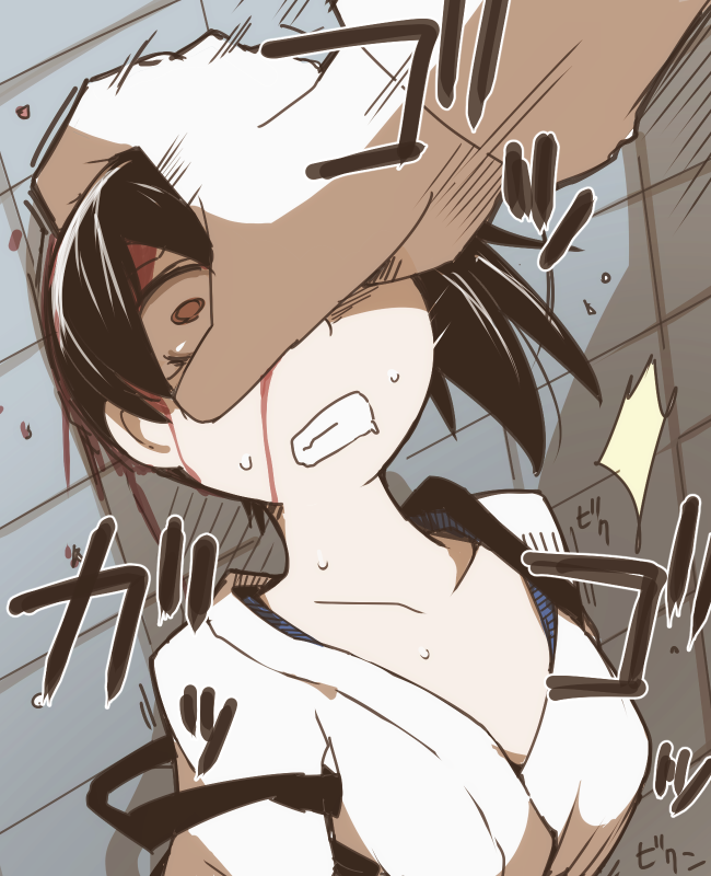 1boy 1girls abuse admiral_(kantai_collection) against_wall beaten blood blood_on_face brown_eyes brown_hair bullying comic female head_grab japanese_clothes kaga_(kantai_collection) kantai_collection male military military_uniform nns_(sobchan) pain ryona scared side_ponytail tears text translation_request uniform