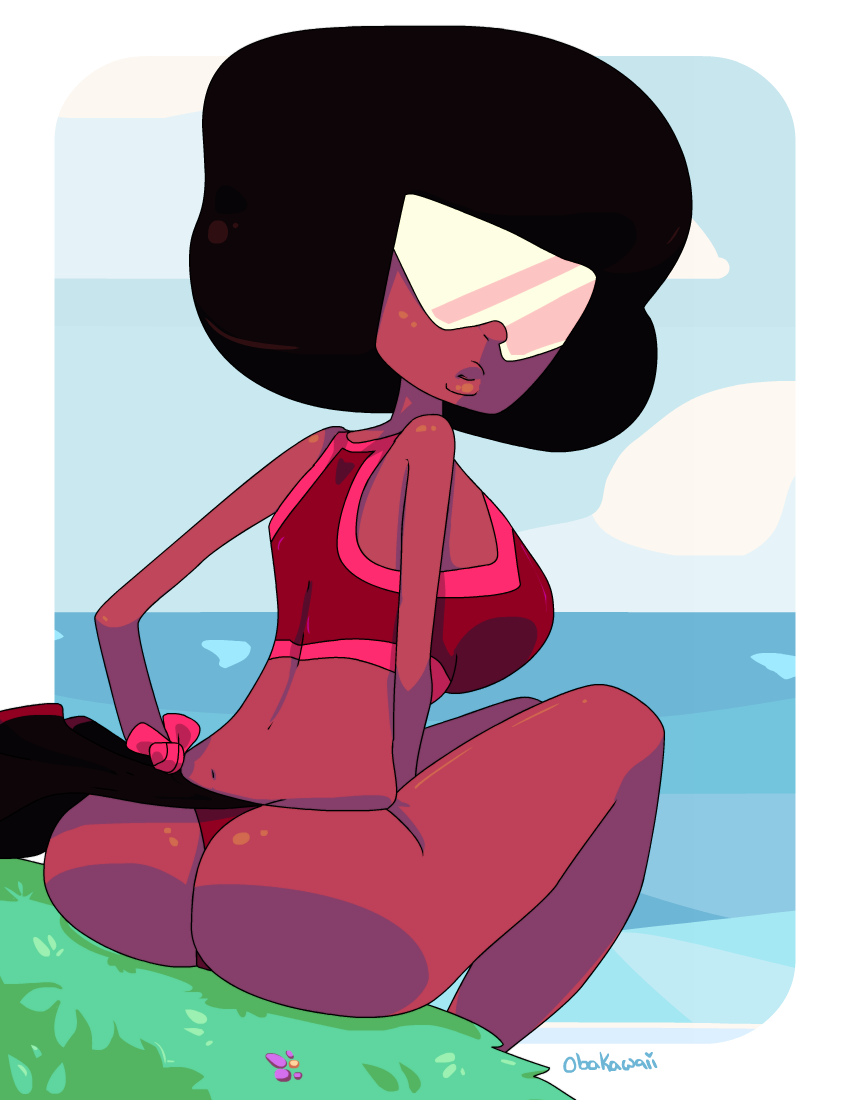 1girls afro beach black_hair female garnet_(steven_universe) gem gem_(species) gem_fusion looking_back obakawaii pinup red_skin short_hair solo sports_bra steven_universe swim_suit swimsuit