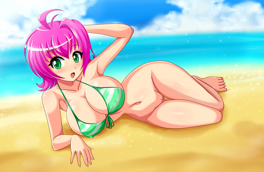 ahoge alternate_color beach bikini_top bottomless breasts cleavage edit erect_nipples exhibitionism green_eyes huge_breasts lying no_panties open_mouth original_character photoshop pink_hair sigurdhosenfeld tagme