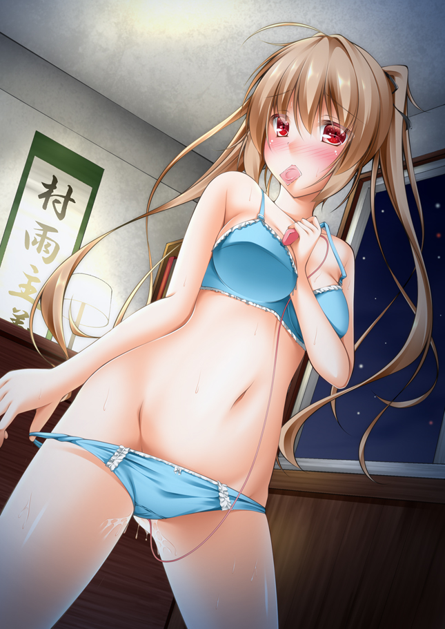 ahoge blue_bra blue_panties blush bra breasts brown_hair condom condom_in_mouth condom_wrapper female hair_ribbon indoors kantai_collection long_hair mouth_hold murasame_(kantai_collection) narukami_ginryuu navel nose_blush panties panty_pull pussy_juice red_eyes ribbon solo sweat tied_hair twintails underwear vibrator vibrator_under_panties window