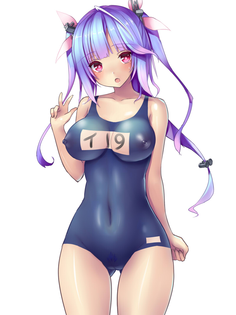 blue_hair blush bodypaint breasts cute_fang female hair_ribbon i-19_(kantai_collection) kantai_collection large_breasts long_hair looking_at_viewer navel nipples nude open_mouth painted_clothes personification pubic_hair pussy red_eyes ribbon school_swimsuit simple_background solo standing star star-shaped_pupils swimsuit symbol-shaped_pupils tied_hair tsukumiya_amane twintails uncensored v white_background