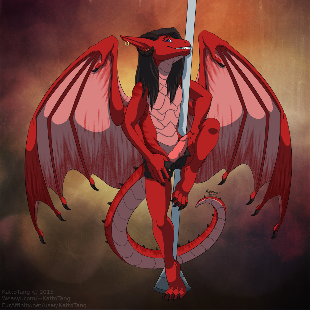 2015 anthro black_hair blue_eyes dragon furry-specific_piercing girly hair kattotang knot long_hair looking_at_viewer male penis piercing pole scalie smile solo standing stripper teeth trap