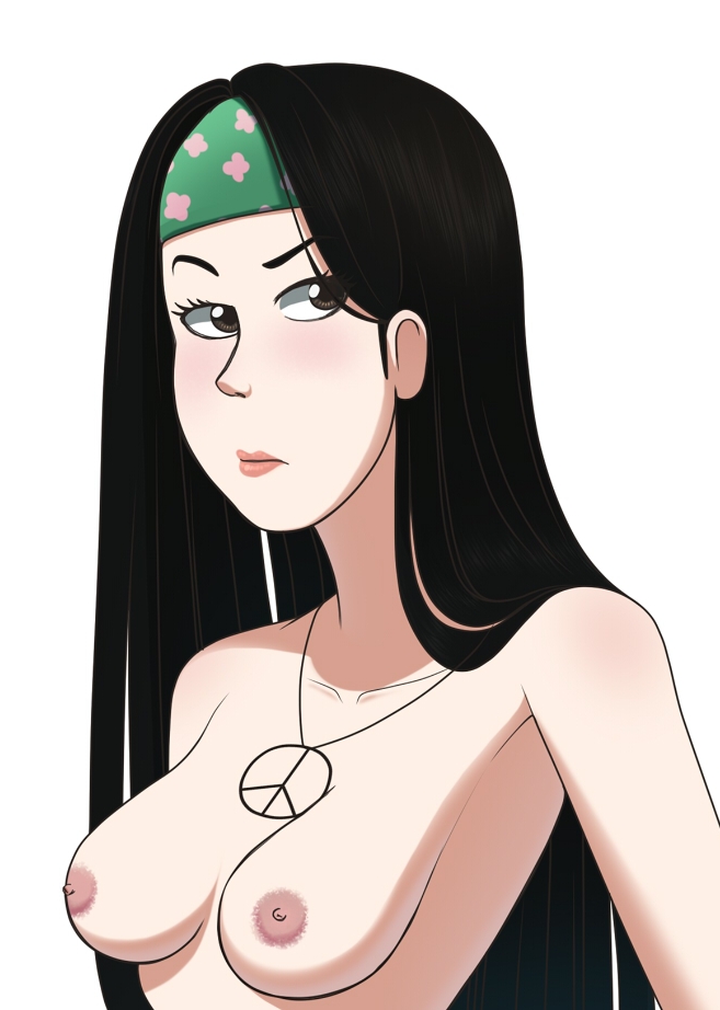 american_dad black_hair breasts female female_only hayley_smith headband human long_hair looking_away lui-ra necklace nipples nude peace_symbol peace_symbol_necklace simple_background solo white_background