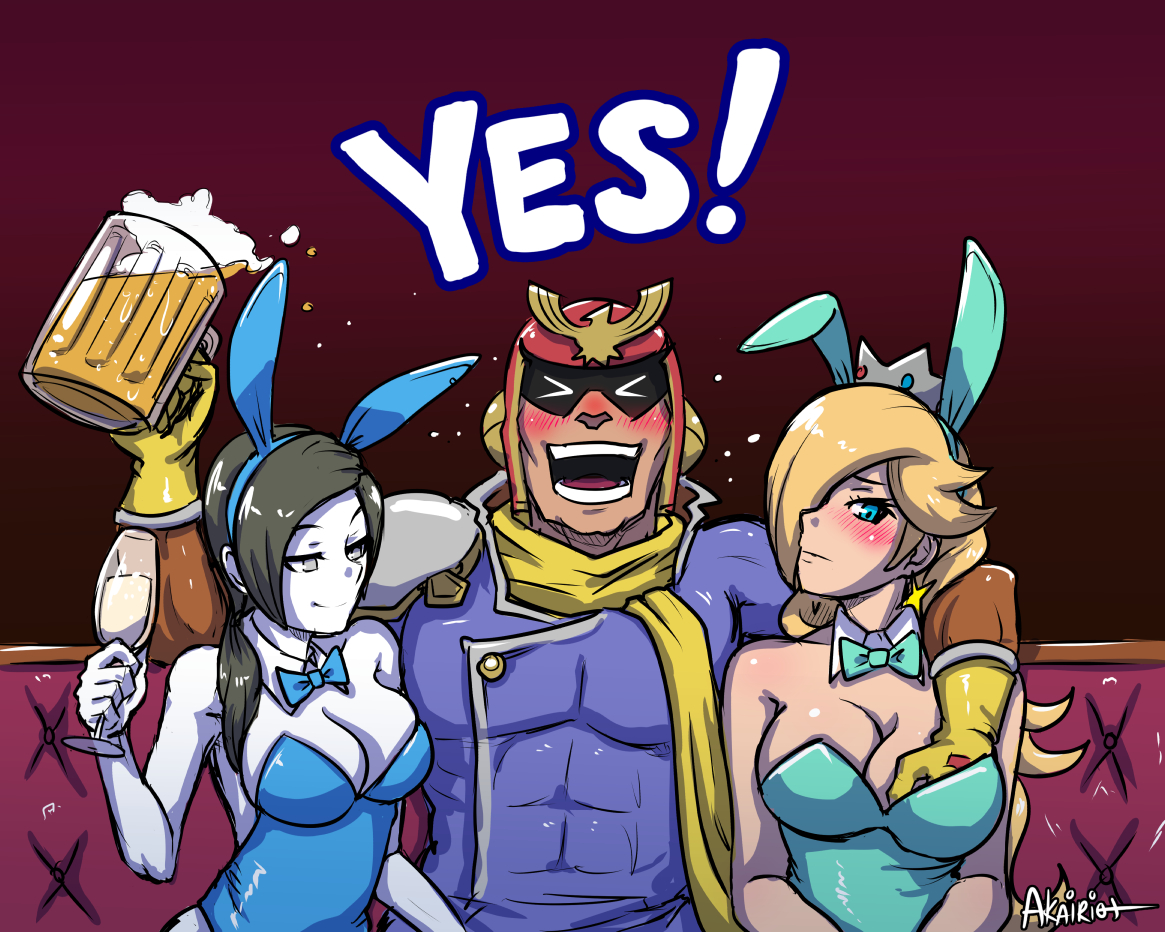1boy, 2girls, akairiot, beer, black hair, blonde hair, blue eyes, blush, bowtie, breast fondling, breast grab, breasts, bunny costume, bunny ears, bunny girl, bunnysuit, busty, captain falcon, cleavage, couch, crown, earrings, f-zero, female, fully clothed, groping, hair over one eye, human, large breasts, leotard, long hair, male, mario (series), multiple females, multiple girls, nintendo, pale skin, ponytail, princess rosalina, sitting, smile, straight, super smash bros., tied hair, voluptuous, white eyes, white skin, wii fit, wii fit trainer, wii fit trainer (female)
