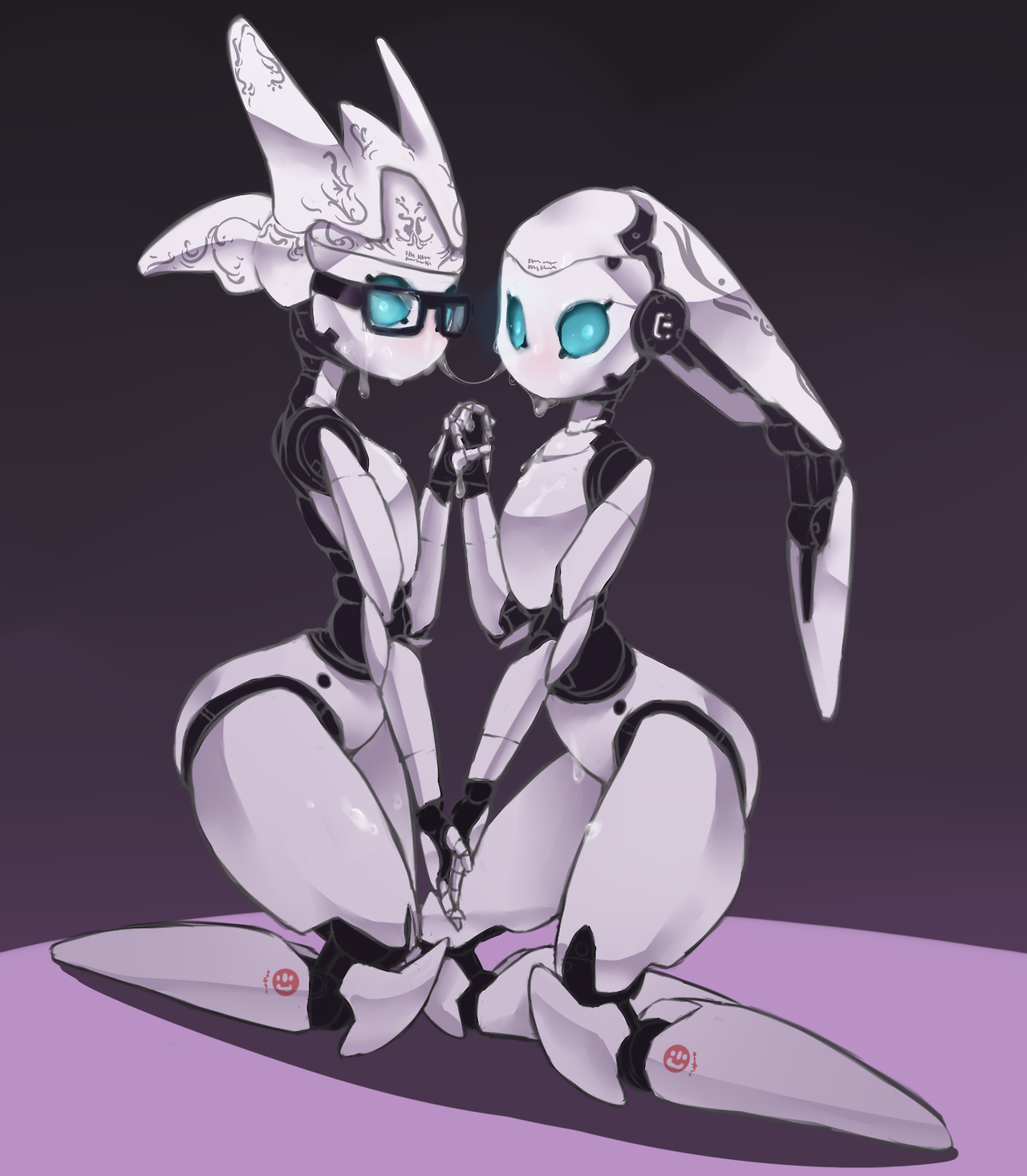 2girls, aqua eyes, blush, cum, disney, dripping, drossel von flugel, facial, female, fireball (series), fruitbloodmilkshake, glasses, hand holding, highres, holding hands, interlocked fingers, kneeling, machine, multiple females, multiple girls, no mouth, robot, robot girl, robot joints, suggestive fluid, white skin