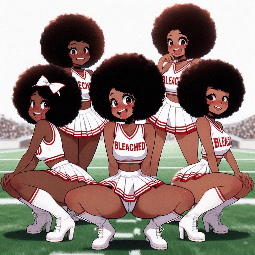 5girls afro_hair ai_generated beautiful_females bleached bleached_clothing cheerleader_uniform dark-skinned_female legs_apart lilmscumrag looking_at_viewer zaria_(lilmscumrag)