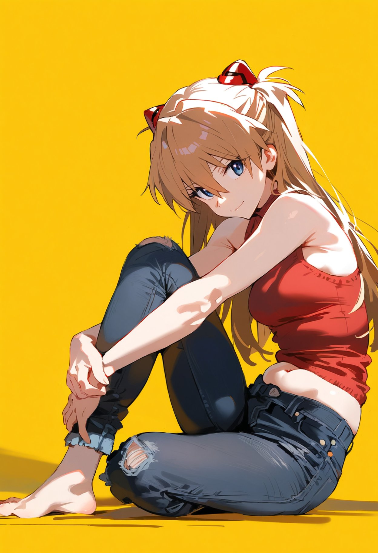 1girls ai_generated bare_shoulders feet jeans large_breasts looking_at_viewer navel neon_genesis_evangelion one_knee orange_hair shoppy smile yellow_background