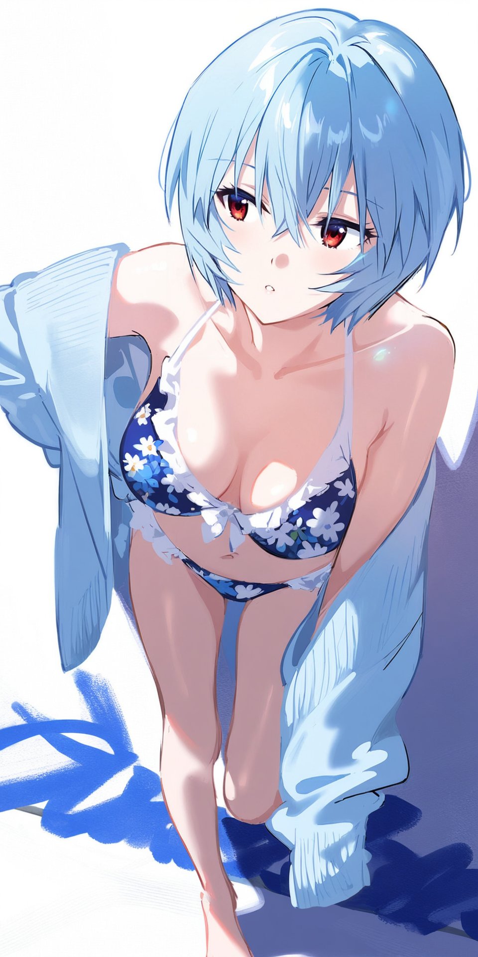 1girls ai_generated alternate_costume blue_hair floral_print large_breasts long_sleeves navel neon_genesis_evangelion rei_ayanami shoppy short_hair sleeves_past_fingers swimsuit