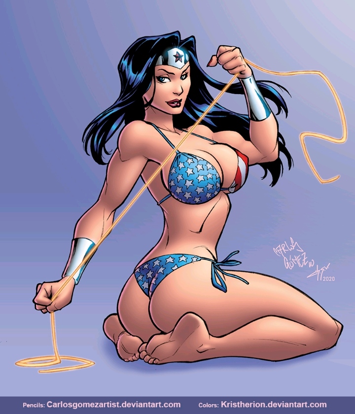 2020 american_flag_bikini artist_signature big_breasts black_hair carlos_gomez dc dc_comics deviantart deviantart_link diana_prince female female_only huge_breasts justice_league kneeling kneeling_female kristherion large_breasts lasso_of_truth light-skinned_female lips long_hair muscular_arms pinup pinup_pose princess side-tie_panties solo superheroine wonder_woman wonder_woman_(series)