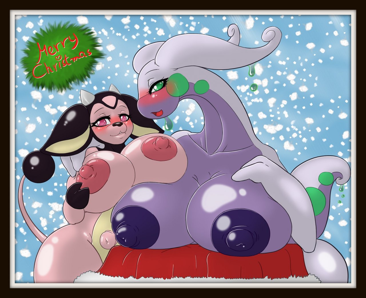 2girls anthro bantar2 bovine breasts christmas dragon female furry goodra huge_breasts large_breasts miltank nintendo nipples pokemon pokemon_(species) shiny