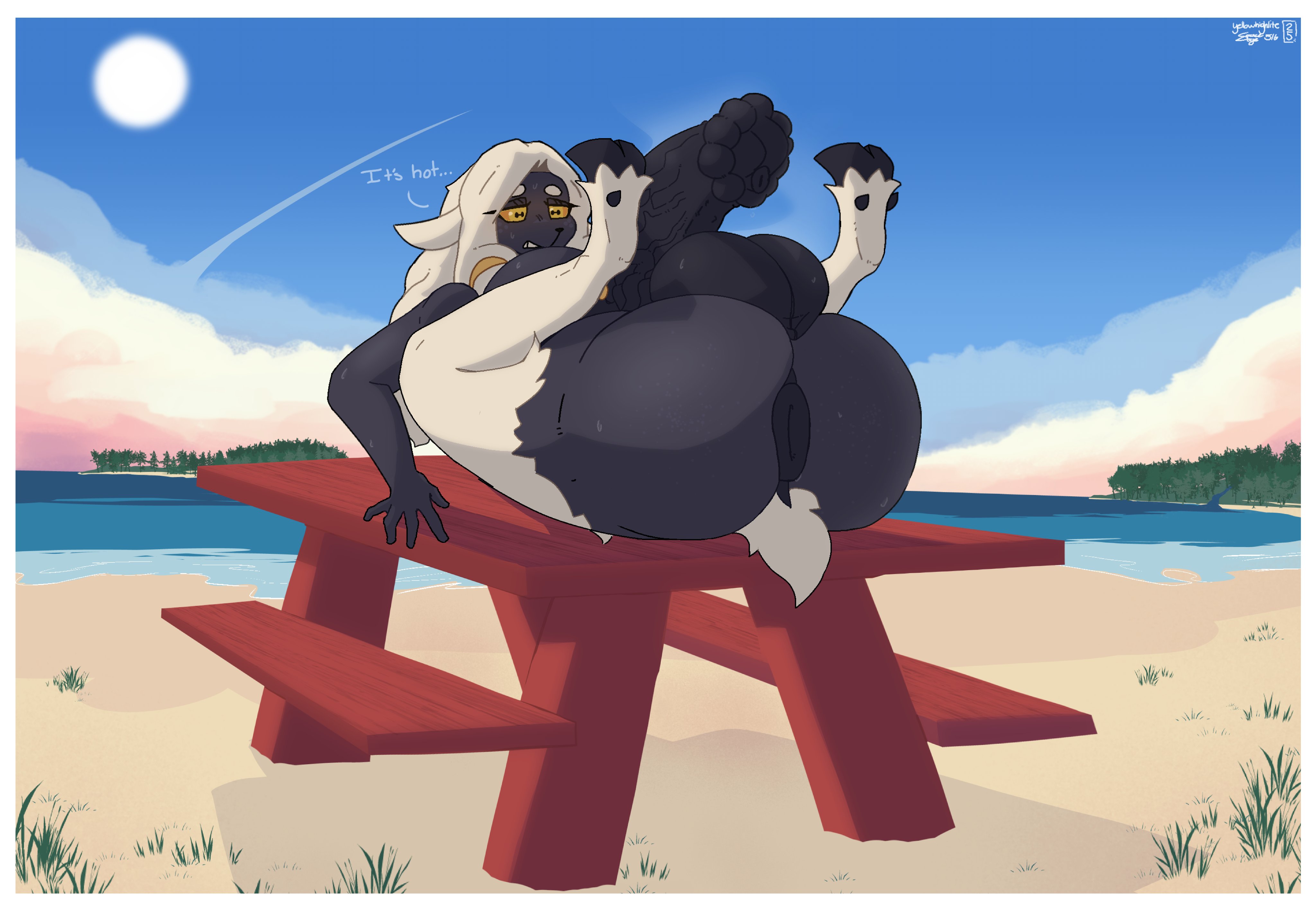 1futa, 2d, 2d (artwork), 5 fingers, anthro, anus, balls, beach, big anus, big ass, big butt, big penis, blush, breasts, canon futa, cloud, cock, dialogue, dick, dickgirl, female, flared penis, furry, futa, futa only, futa sans pussy, futanari, grass, highres, hooves, horsecock, horsecock futa, huge penis, hyper penis, intersex, island, legs, legs up, lying, lying on back, lying on table, monster girl, outdoors, penis, perineum, picnic table, presenting, presenting anus, presenting ass, presenting hindquarters, reinette, reinette (nanokindred), sand, scrotum, scrotum flap, sheep, sky, solo, solo futa, sweat, sweaty anus, sweaty ass, sweaty balls, sweaty breasts, sweaty butt, table, tail, tufted tail, urethra, vein, veniy penis, yellow eyes, yellowhighlite