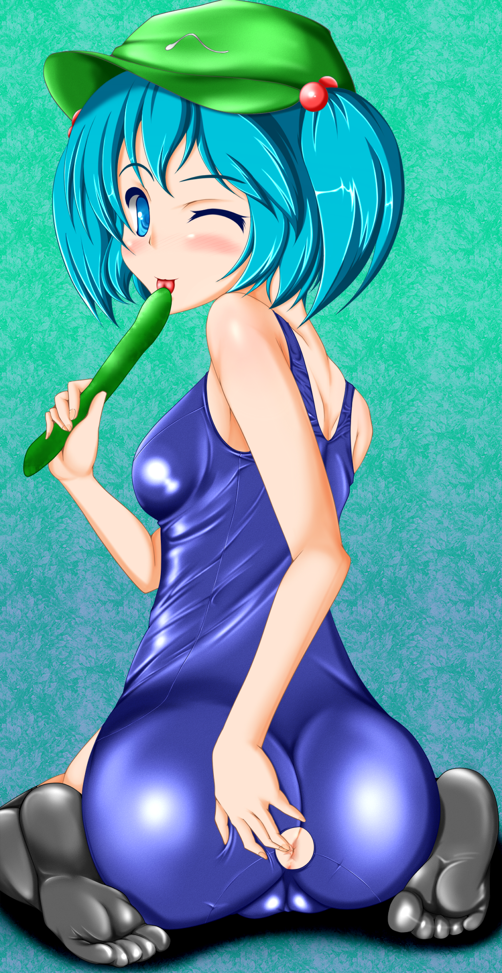 anus aqua_eyes aqua_hair ass ass_cutout bare_shoulders black_legwear blue_eyes blue_hair blush blush_stickers breasts cameltoe cucumber cutout female food from_behind hair_bobbles hair_ornament hat highres looking_at_viewer looking_back nitori_kawashiro one-piece_swimsuit one_eye_closed school_swimsuit shiny shiny_clothes short_hair sitting skin_tight skindentation soles solo swimsuit tera_hiroshi thighhighs tied_hair tongue tongue_out touhou twintails wariza