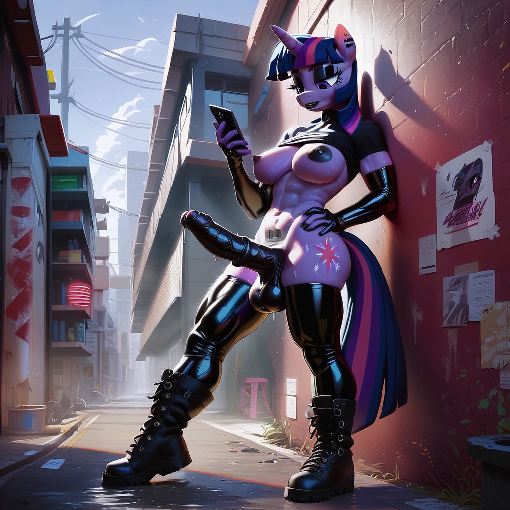 abs ai_generated anthro balls barcode_tattoo black_lipstick black_penis boots elbow_gloves eyeliner foreskin futanari goth_girl latex my_little_pony penis phone piercings pony precum_drip tattoos thighhighs twilight_sparkle_(mlp)