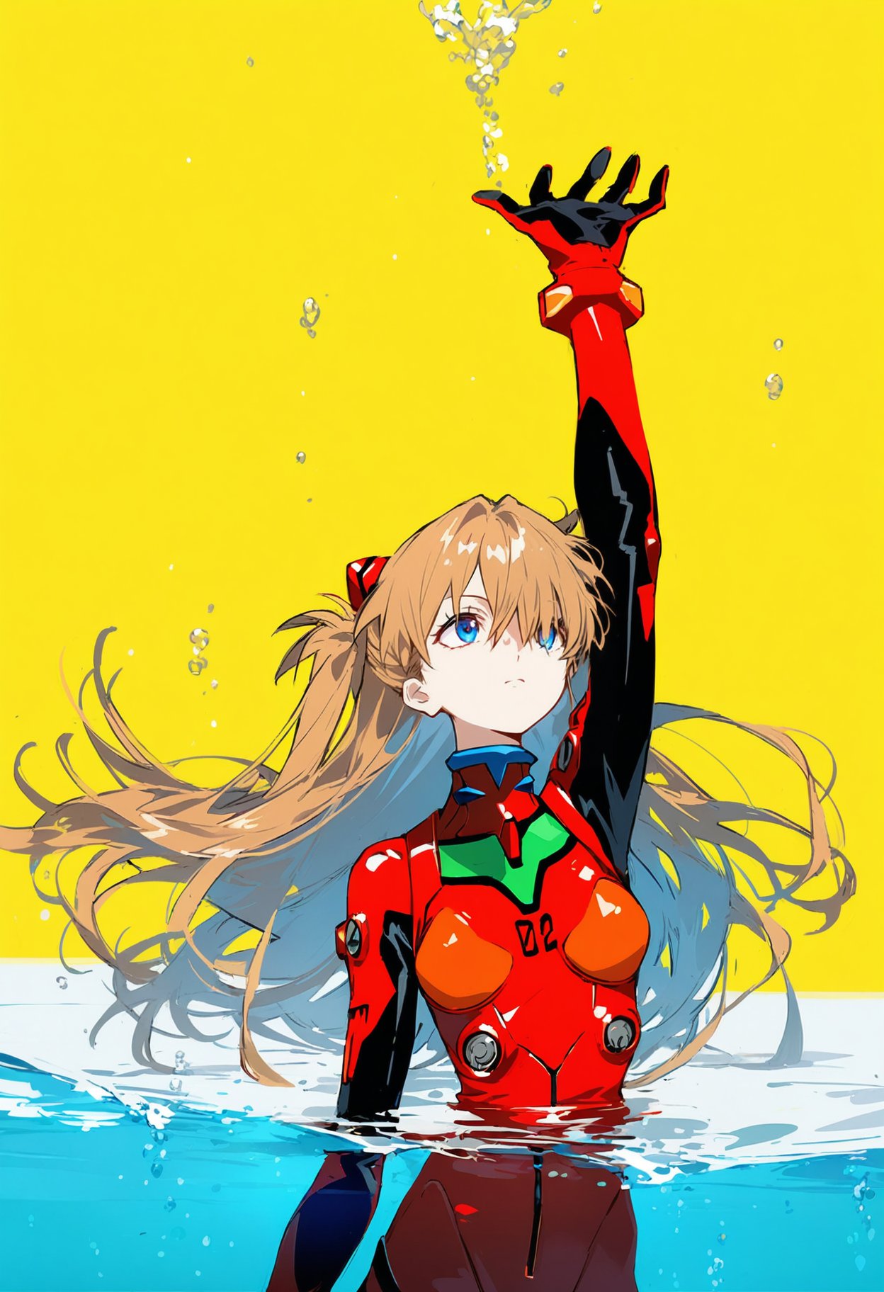 1girls ai_generated arm_up asuka_langley_sohryu bubble large_breasts long_hair neon_genesis_evangelion orange_hair plugsuit serious shoppy water yellow_background