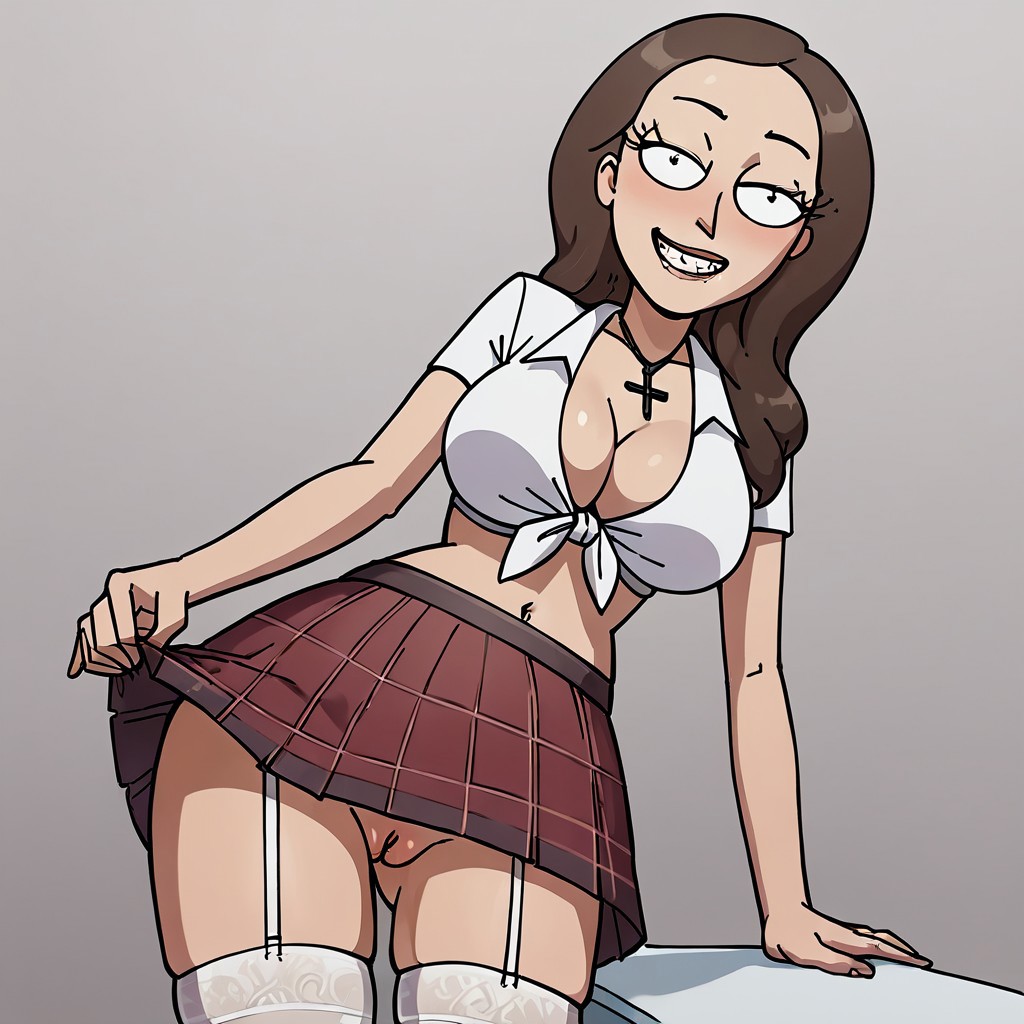 ai_generated cross_necklace lifting_skirt pussy_peek rick_and_morty school_uniform schoolgirl tricia_lange