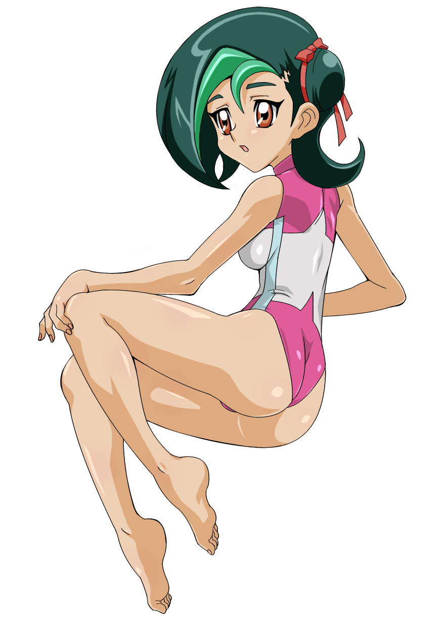 ass barefoot breasts feet female green_hair kotori_mizuki open_mouth soles solo straw_(yokubou_hiroba) swimsuit toes tori_meadows yu-gi-oh! yu-gi-oh!_zexal