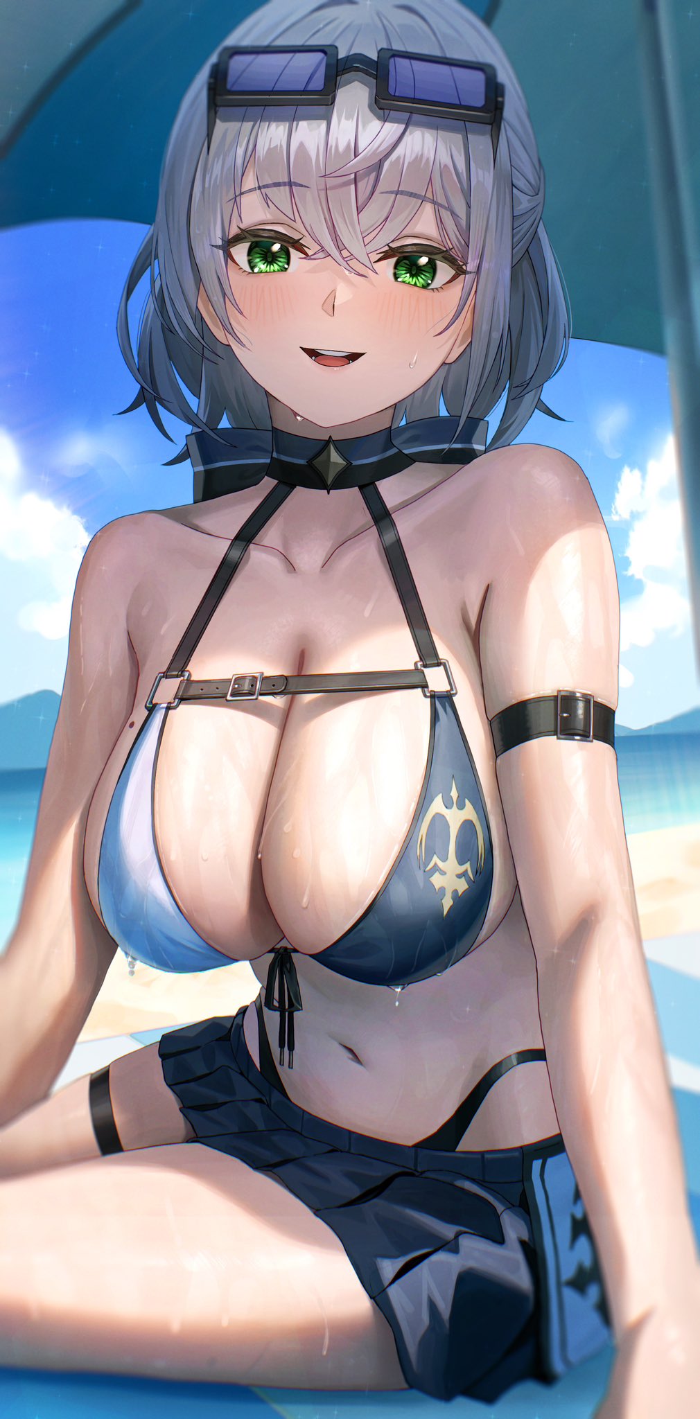 beach bikini black_bikini blue_sky breasts cleavage cloud collarbone day eyewear_on_head female green_eyes grey_hair hair_between_eyes highres hololive kobayashi_(jna_x_rgh) large_breasts looking_at_viewer navel ocean open_mouth outdoors parasol shirogane_noel shirogane_noel_(summer_2020) sitting sky smile solo sunglasses swimsuit thighs two-tone_bikini umbrella virtual_youtuber wet