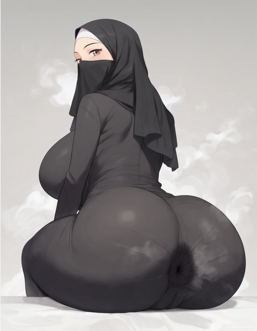 1girls ai_generated anus anus_through_clothes brown_eyes cameltoe from_behind huge_ass huge_breasts looking_at_viewer looking_back sitting steam supergetthi