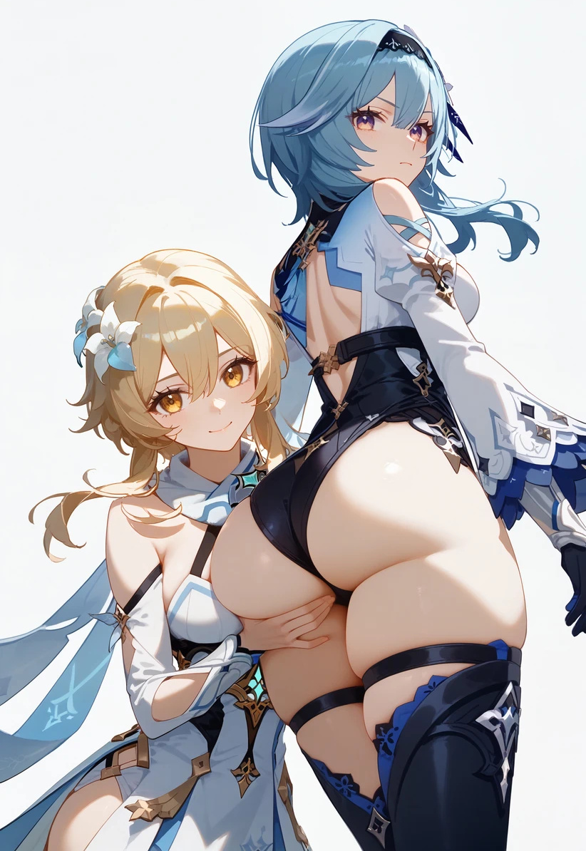 ai_generated ass_grab athletic_female back_view backboob bare_thighs big_ass big_butt blonde_hair blue_hair eula_(genshin_impact) fat_ass genshin_impact gigantic_ass huge_thighs light-skinned_female light_skin looking_at_viewer looking_back lumine_(genshin_impact) mako_(artist) massive_ass oiled_body oiled_skin orange_eyes purple_eyes short_hair smiling squatting sweat sweatdrop thick_thighs thighs voluptuous voluptuous_female yuri