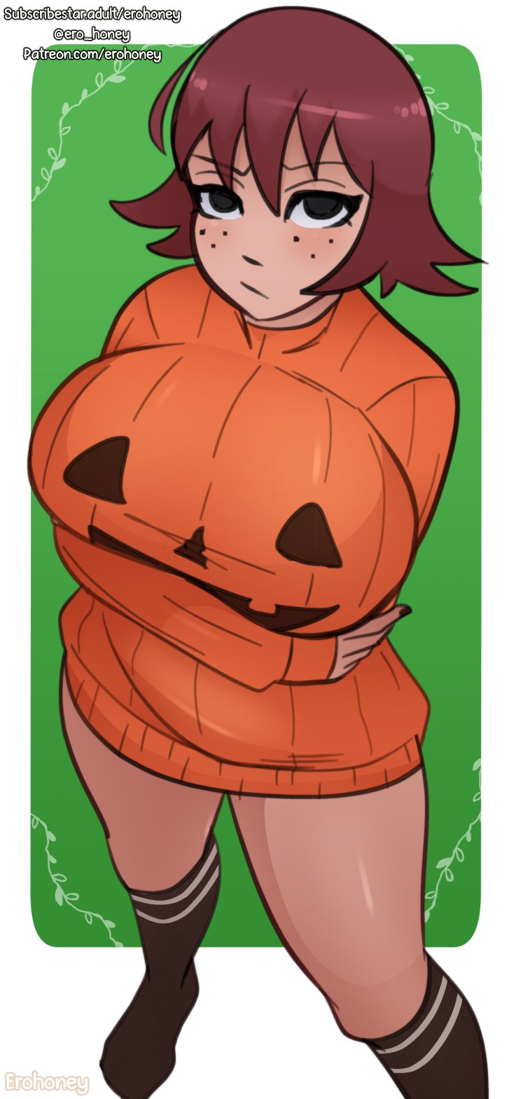 1girls big_breasts black_eyes brown_legwear brown_nails clothed crossed_arms erohoney female freckles halloween kim_pine legwear nail_polish red_hair scott_pilgrim short_hair solo solo_female stockings sweater