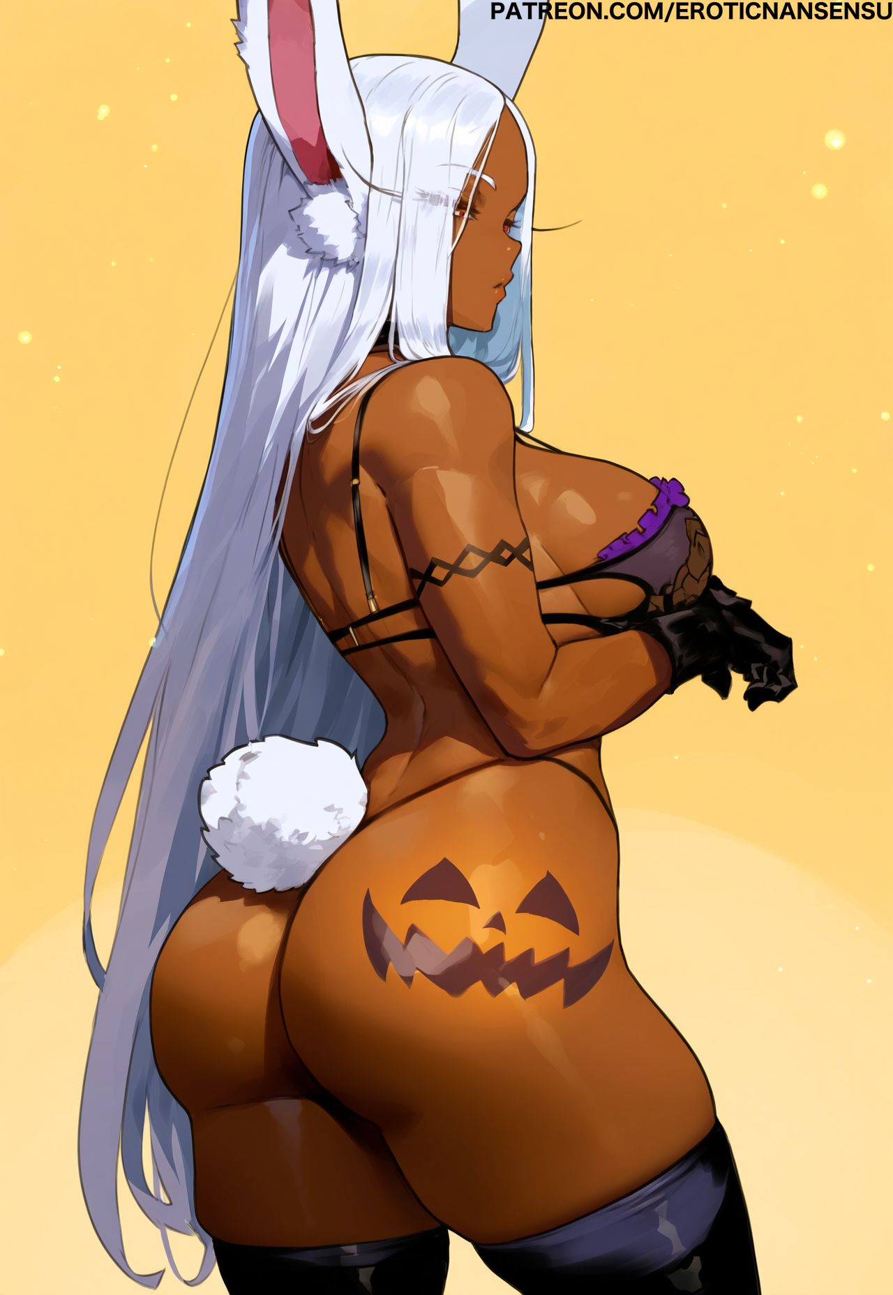 1girls alternate_costume animal_ears armband armwear artist_name ass back back_view bare_shoulders big_ass big_breasts bodypaint bra breasts bunny_ears bunny_tail clothing curvy dark-skinned_female dark_skin erotic_nansensu eyebrows_visible_through_hair eyelashes female female_focus female_only g-string gloves halloween highleg highleg_panties highleg_thong highres human jack-o'-lantern large_ass large_breasts leather_boots legwear lips looking_down miruko my_hero_academia panties pinup red_eyes revealing_clothes rumi_usagiyama shiny_skin sideboob simple_background skimpy skindentation solo solo_female tail thick_thighs thigh_boots thighhighs thighs thong url very_long_hair voluptuous white_hair yellow_background