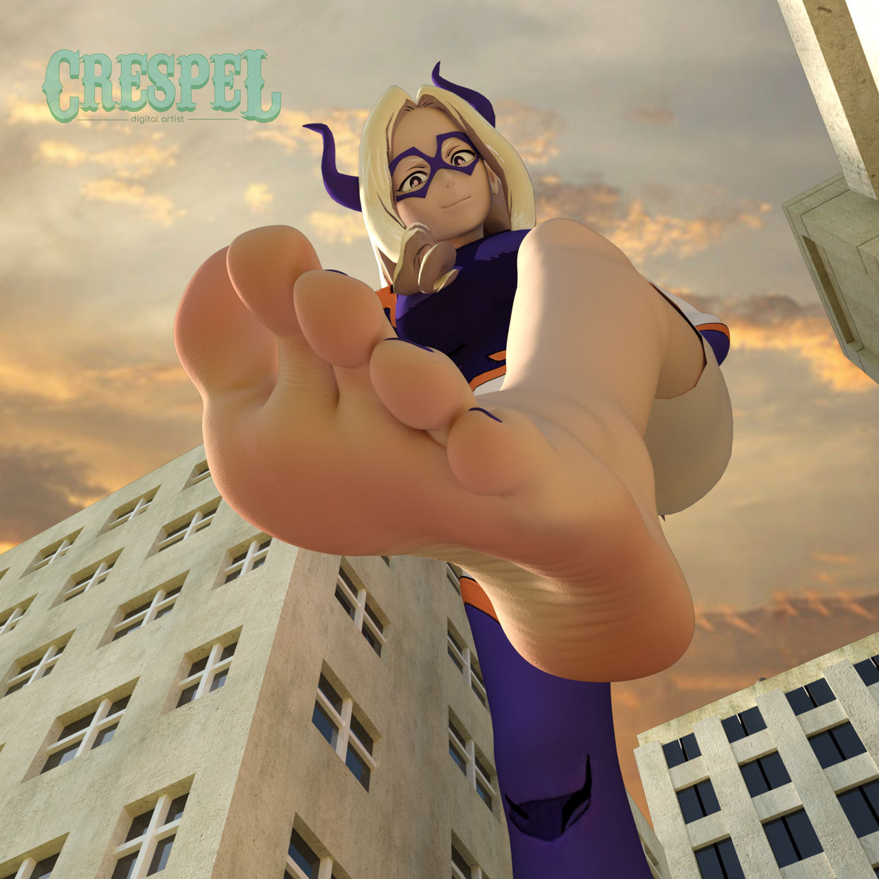 1girl 3d 3d_(artwork) 5_toes blonde_hair_female bones_(studio) boot_removed city city_background cityscape close-up crespel female female_focus female_only foot_fetish foot_focus giantess hero_outfit_(mha) horns japanese japanese_female legs_up looking_at_viewer looking_back mount_lady my_hero_academia purple_eyes purple_toenails sky sky_background smooth_foot smooth_skin sunset tagme takeyama_yuu white_skinned_female