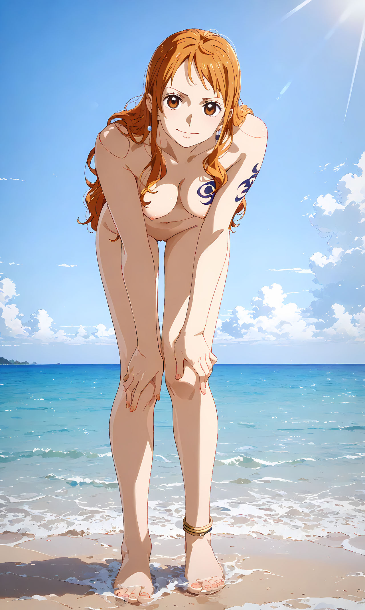 1girls ai_generated anklet beach_background bent_forward breasts completely_nude_female cupcakiezzzz feet female female_only long_hair_female looking_at_viewer nami_(one_piece) nipples one_piece orange_eyes_female orange_hair_female pussy shoulder_tattoo solo_female tattoo_on_breast toes