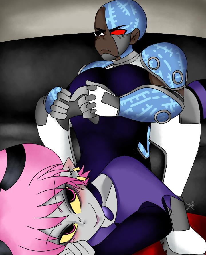 1boy1girl cyborg cyborg_(dc) dark_skin dc_comics fat_ass gaming grey_body jinx_(dc) pointed_ears tagme teen_titans