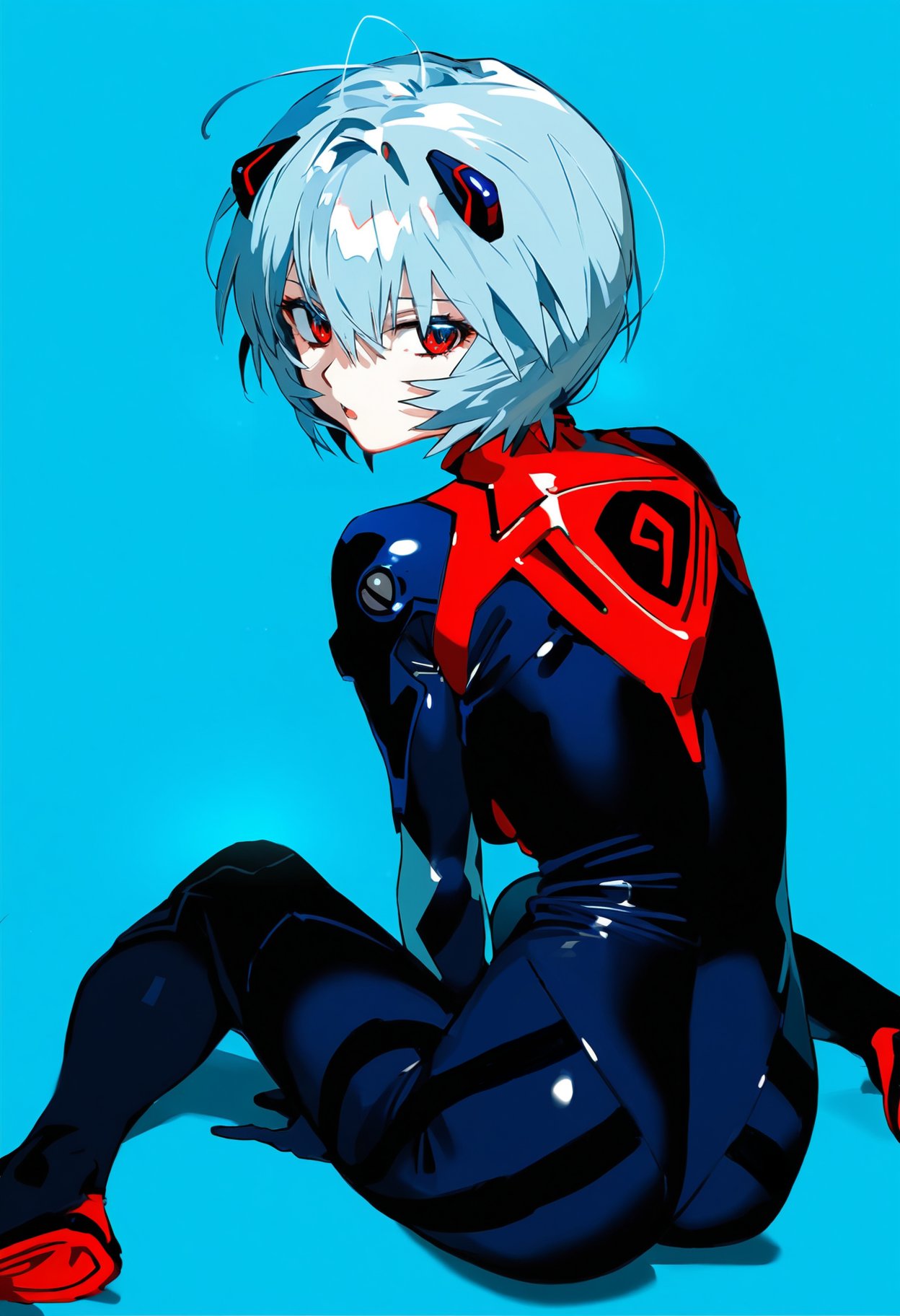 1girls ai_generated ass black_plugsuit blue_background blue_hair looking_back neon_genesis_evangelion open_mouth plugsuit rei_ayanami shoppy short_hair spread_legs