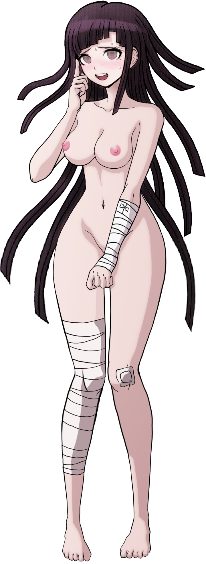 bandaged_arm bandaged_hand bandaged_leg bandages bare_hips bare_shoulders barefoot breasts collarbone danganronpa danganronpa_(series) danganronpa_2:_goodbye_despair eroeiyuu eyebrows eyelashes feet female female_focus full_body functionally_nude gluteal_fold hand_up highres large_breasts long_hair looking_at_viewer matching_hair/eyes mole mole_under_eye navel nipples nude nude_filter official_art open_mouth purple_eyes purple_hair simple_background solo standing sweat sweatdrop third-party_edit toes tongue transparent_background tsumiki_mikan upper_teeth_only