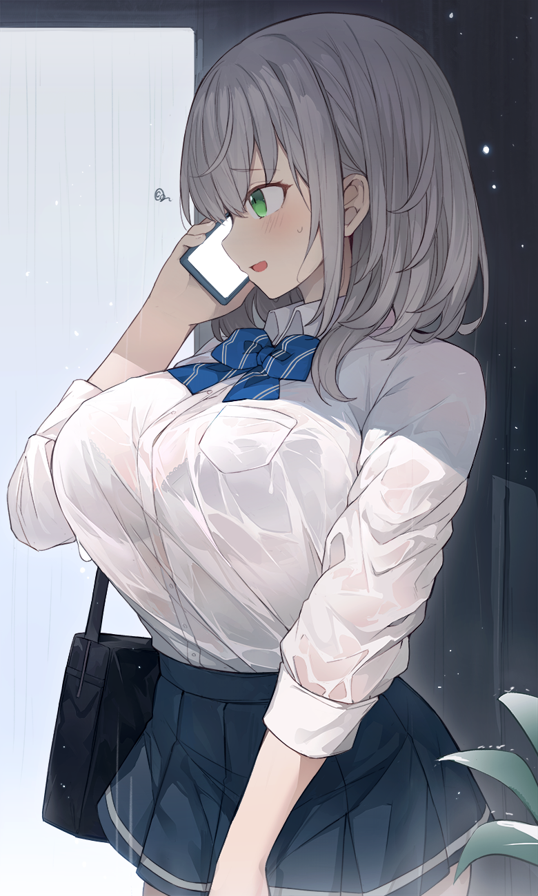 alternate_costume bag blue_bow blue_skirt bow bra_visible_through_clothes breast_pocket breasts cellphone collared_shirt female grey_hair hair_behind_ear highres holding holding_phone hololive huge_breasts medium_hair mou_tama_maru open_mouth phone pocket profile school_bag school_uniform shirogane_noel shirogane_noel_(school_uniform) shirt shirt_tucked_in skirt smartphone solo talking_on_phone tented_shirt virtual_youtuber wavy_hair wet wet_clothes wet_shirt white_shirt