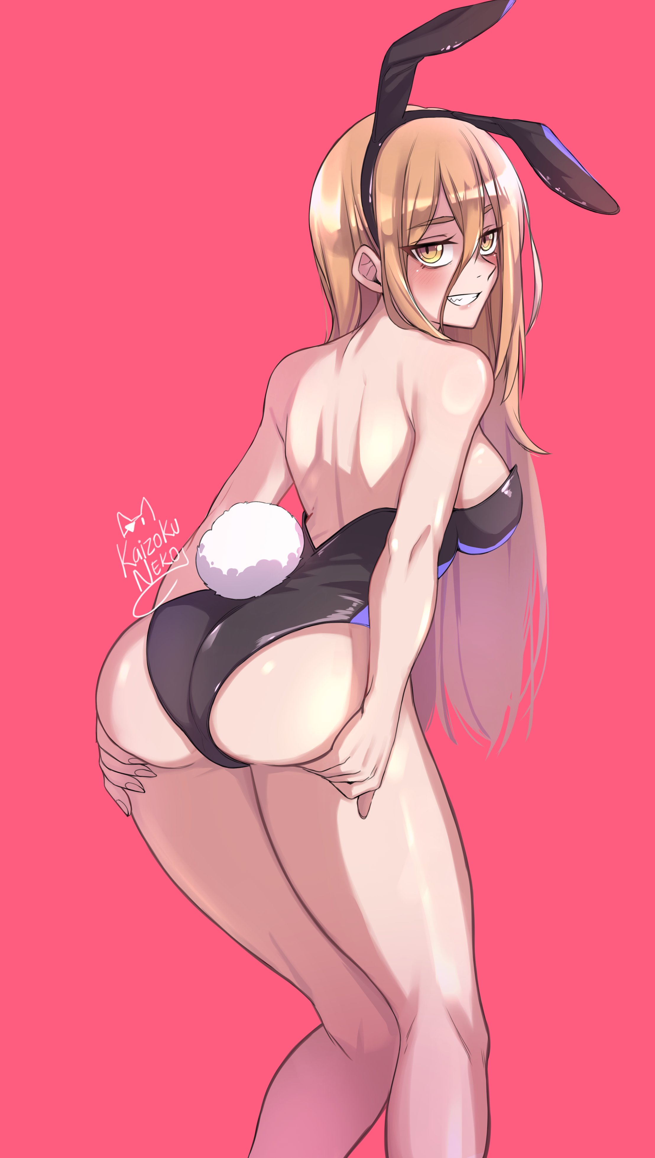 1girls, ass, ass focus, ass grab, blonde hair, blush, bunny ears, bunny tail, bunnysuit, chainsaw man, demon, demon girl, female, grabbing own ass, kaizoku-neko, long hair, long legs, looking back, power (chainsaw man), rear view, solo, solo female, thighs, yellow eyes