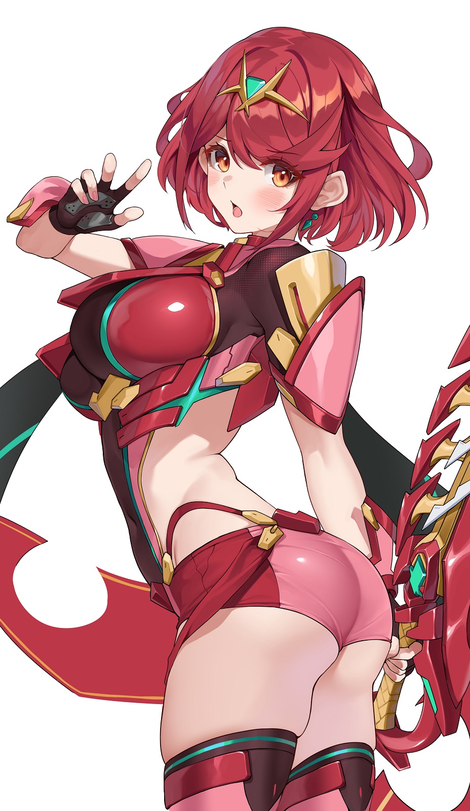 1girls ahoge ass blush breasts circlet female fingerless_gloves from_behind gloves highres large_breasts looking_at_viewer looking_back matrix16 open_mouth pyra pyra_(xenoblade) red_eyes red_hair short_hair short_shorts shorts sideboob solo thighhighs xenoblade_chronicles_(series) xenoblade_chronicles_2