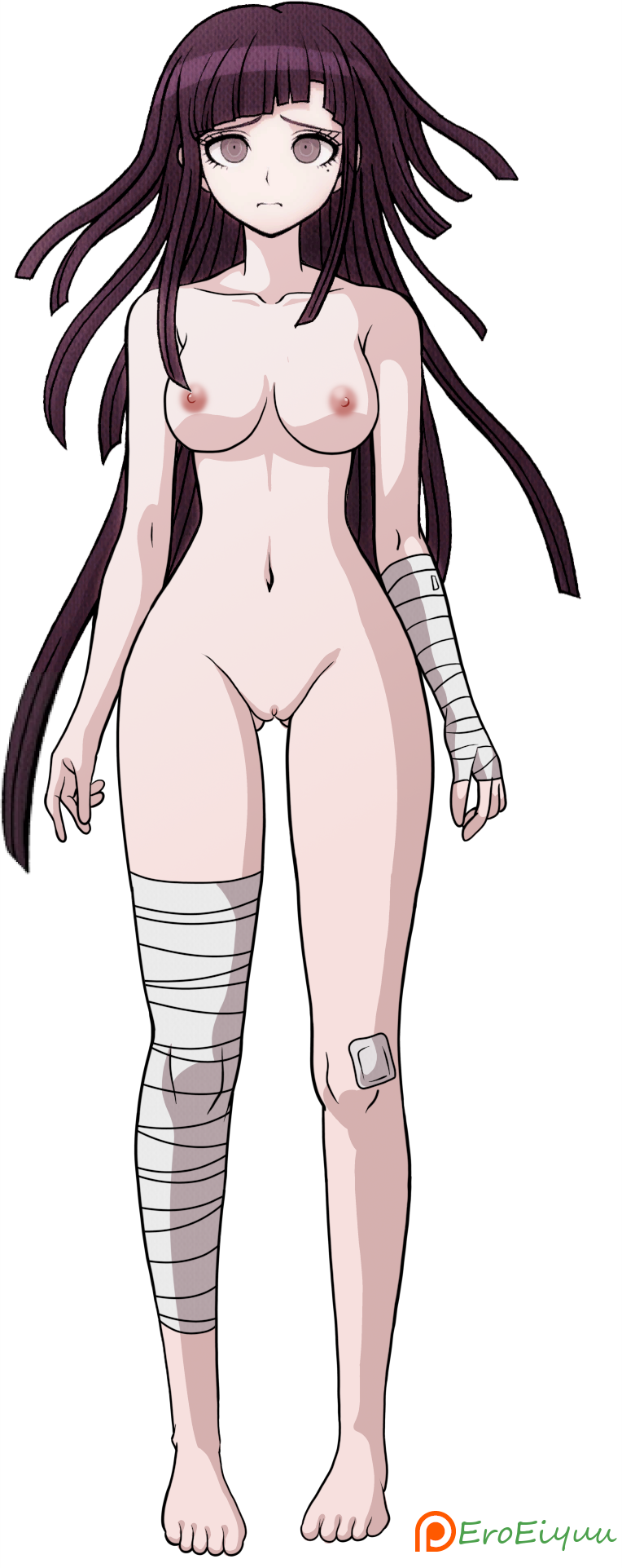 artist_name bandaged_arm bandaged_hand bandaged_leg bandages bare_hips bare_shoulders barefoot breasts closed_mouth collarbone danganronpa danganronpa_(series) danganronpa_2:_goodbye_despair eroeiyuu eyebrows eyelashes feet female female_focus frown full_body functionally_nude gluteal_fold highres large_breasts long_hair matching_hair/eyes mole mole_under_eye navel nipples nude nude_filter official_art purple_eyes purple_hair pussy signature simple_background solo standing third-party_edit toes transparent_background tsumiki_mikan