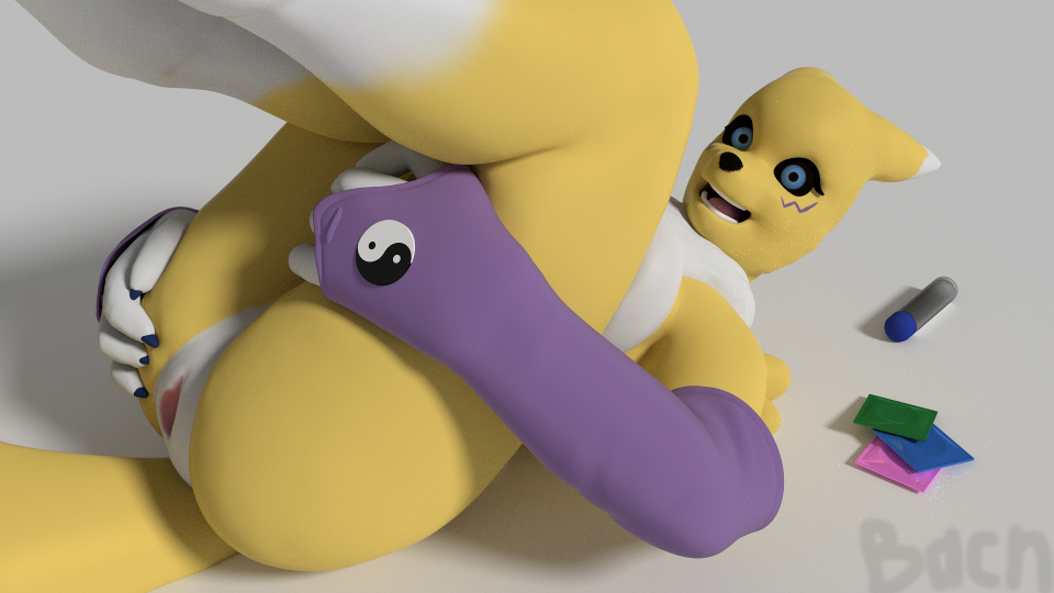 2015 3d anthro anus ass bacn condom digimon female fur lube nude open_mouth pussy renamon renamon_(bacn) sculpt sculpture smile solo tongue tuft