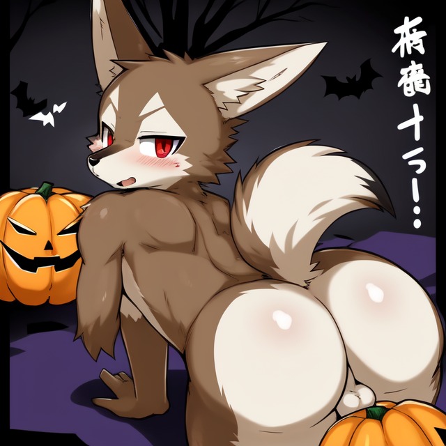 1boy 1furry 1male ai_generated anthro balls big_ass big_ass_(male) big_butt big_butt_(male) brown_fur brutal_paws_of_fury candougie canid canine canis coyote frosting.ai furry furry_ass furry_balls furry_butt furry_only gay gay_male halloween kendo_coyote male male_only red_eyes solo solo_male