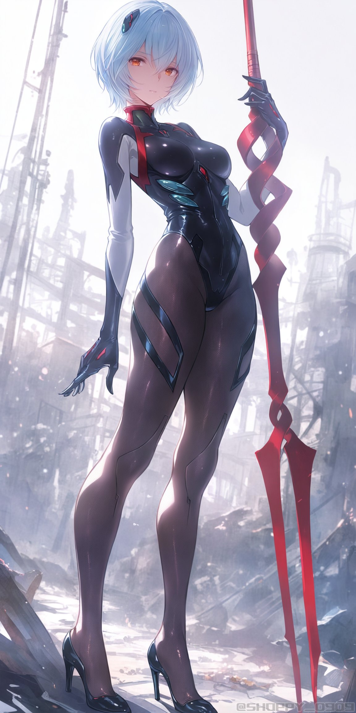 1girls ai_generated blue_hair building city debris full_body heels high_heels holding_weapon neon_genesis_evangelion plugsuit rei_ayanami shoppy short_hair spear