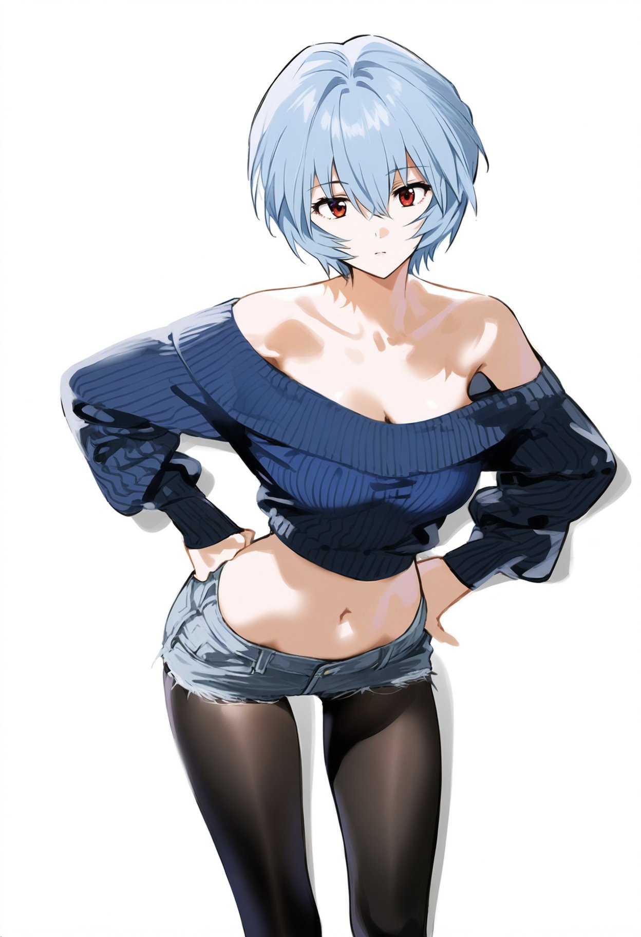 1girls ai_generated alternate_costume blue_hair hands_on_own_hips jeans_shorts large_breasts navel neon_genesis_evangelion rei_ayanami serious shoppy short_hair shorts sweater