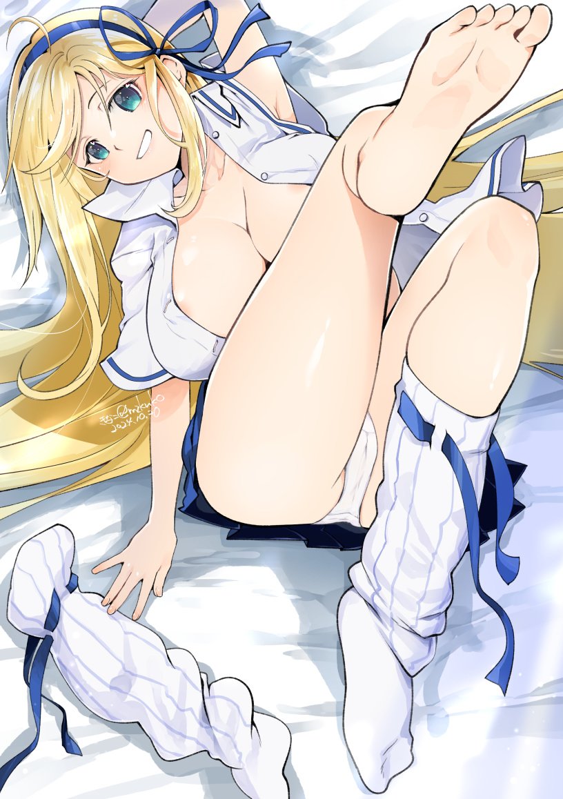 areola_slip ass dated feet high-angle_view huge_breasts katsuragi_(senran_kagura) kneehighs legs_up loose_socks lying_on_bed nipple_bulge one_sock_on open_clothes senran_kagura signature socks socks_removed soles toes white_socks